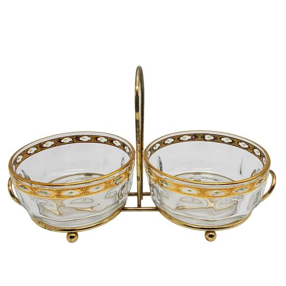 French Glass Condiment Bowls Arcoroc Valencia Gilded Green Hollywood Regency - Picture 6 of 16